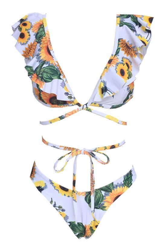 Floral Multi Way Ruffle Tie String Bikini Swimsuit - Two Piece Set