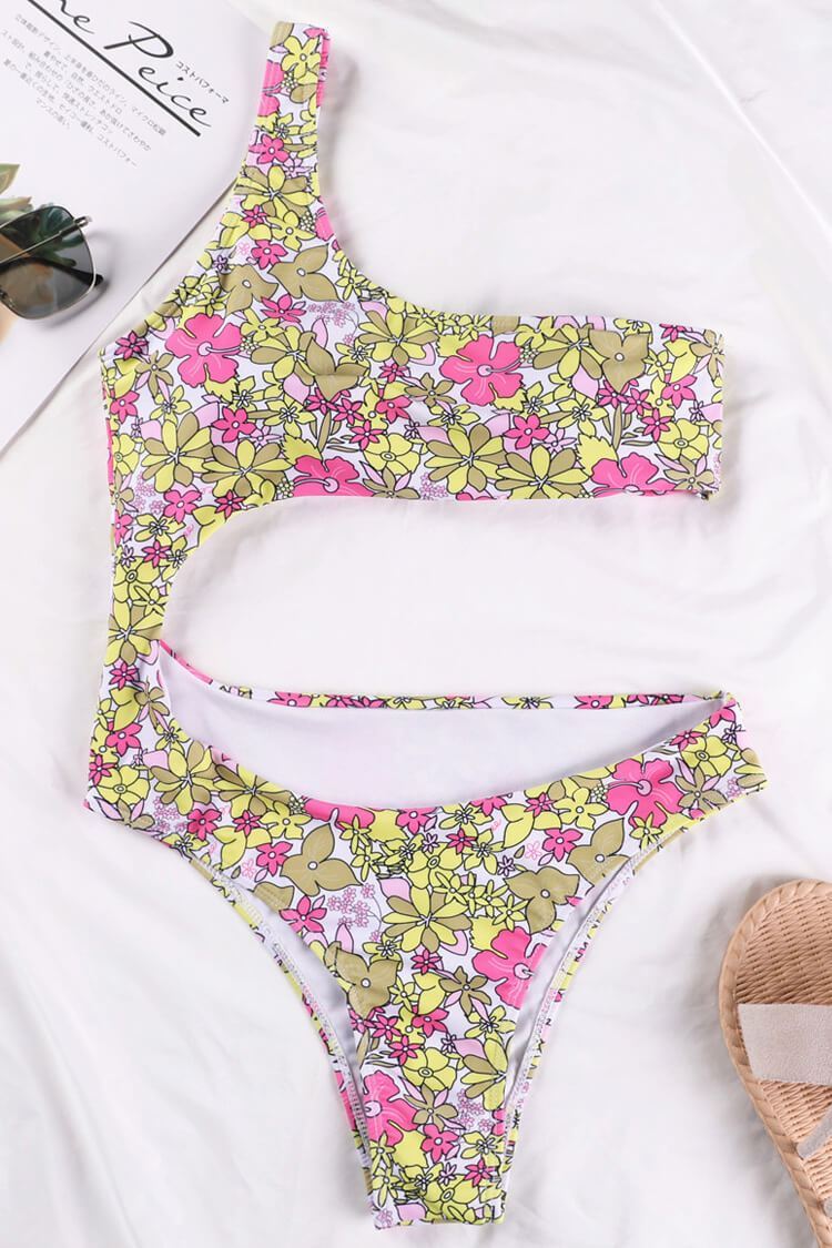 Floral Printed Cutout One Shoulder One Piece Swimsuit