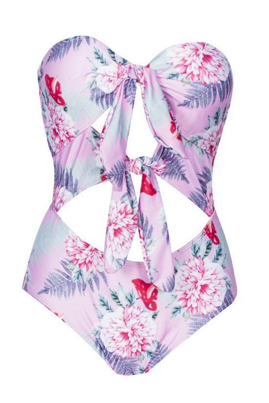 Floral Printed Knotted Tie Front Bandeau One Piece Swimsuit