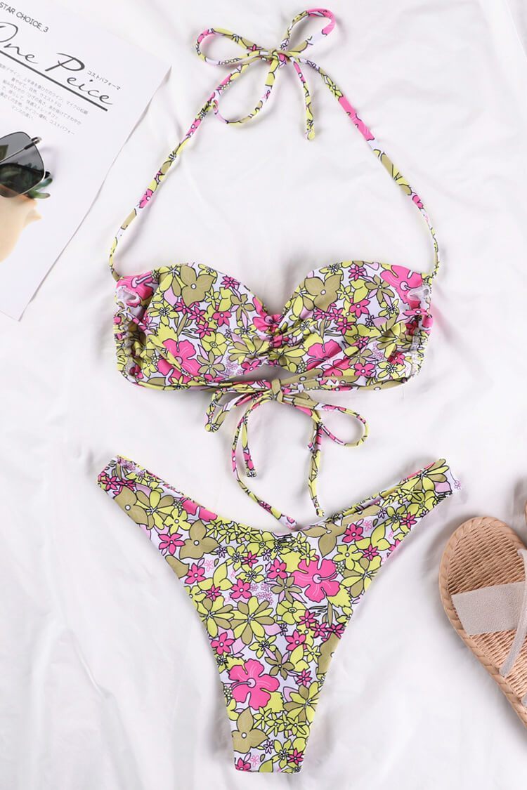Floral Printed Ruched Bralette Halter Bikini Swimsuit - Two Piece Set