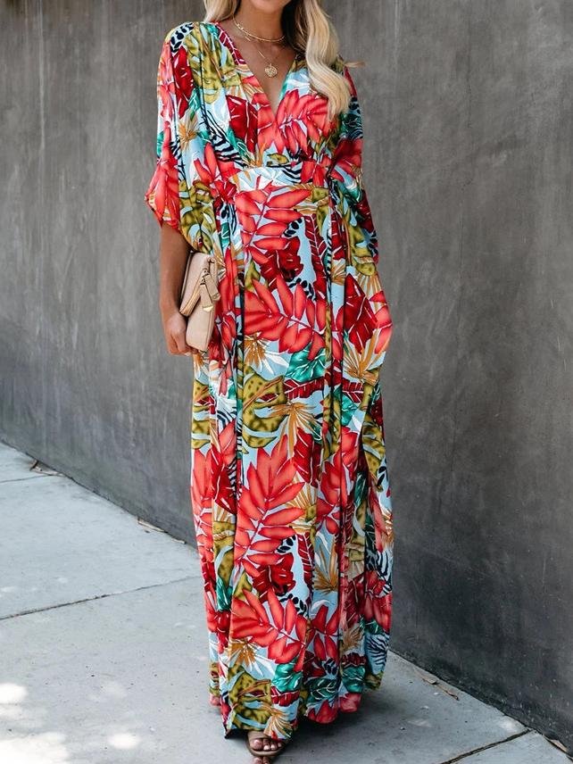Tropical Botanical Print Kimono Sleeve Wrap Waist Maxi Dress 5