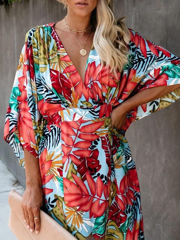 Tropical Botanical Print Kimono Sleeve Wrap Waist Maxi Dress 2