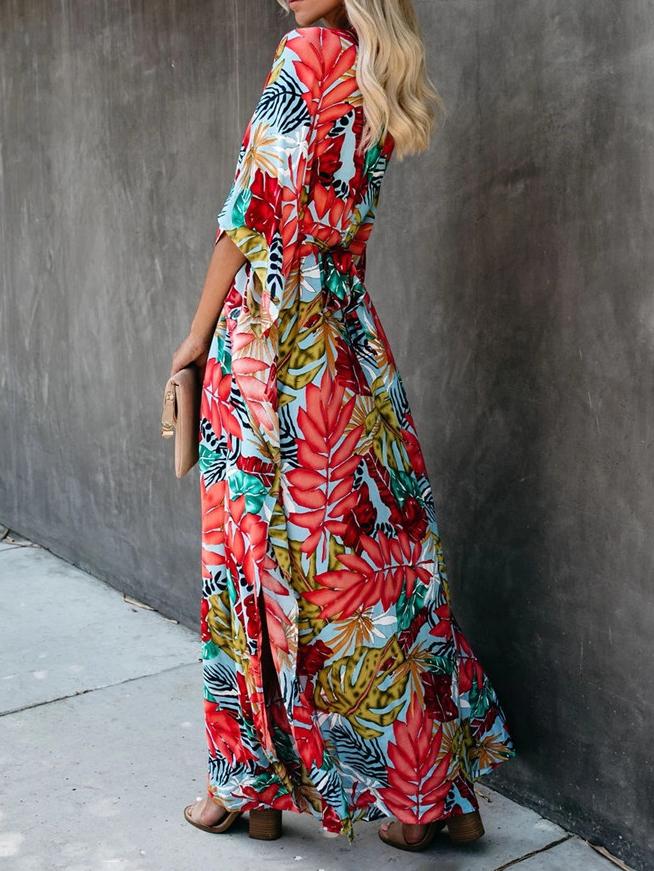 Tropical Botanical Print Kimono Sleeve Wrap Waist Maxi Dress 3