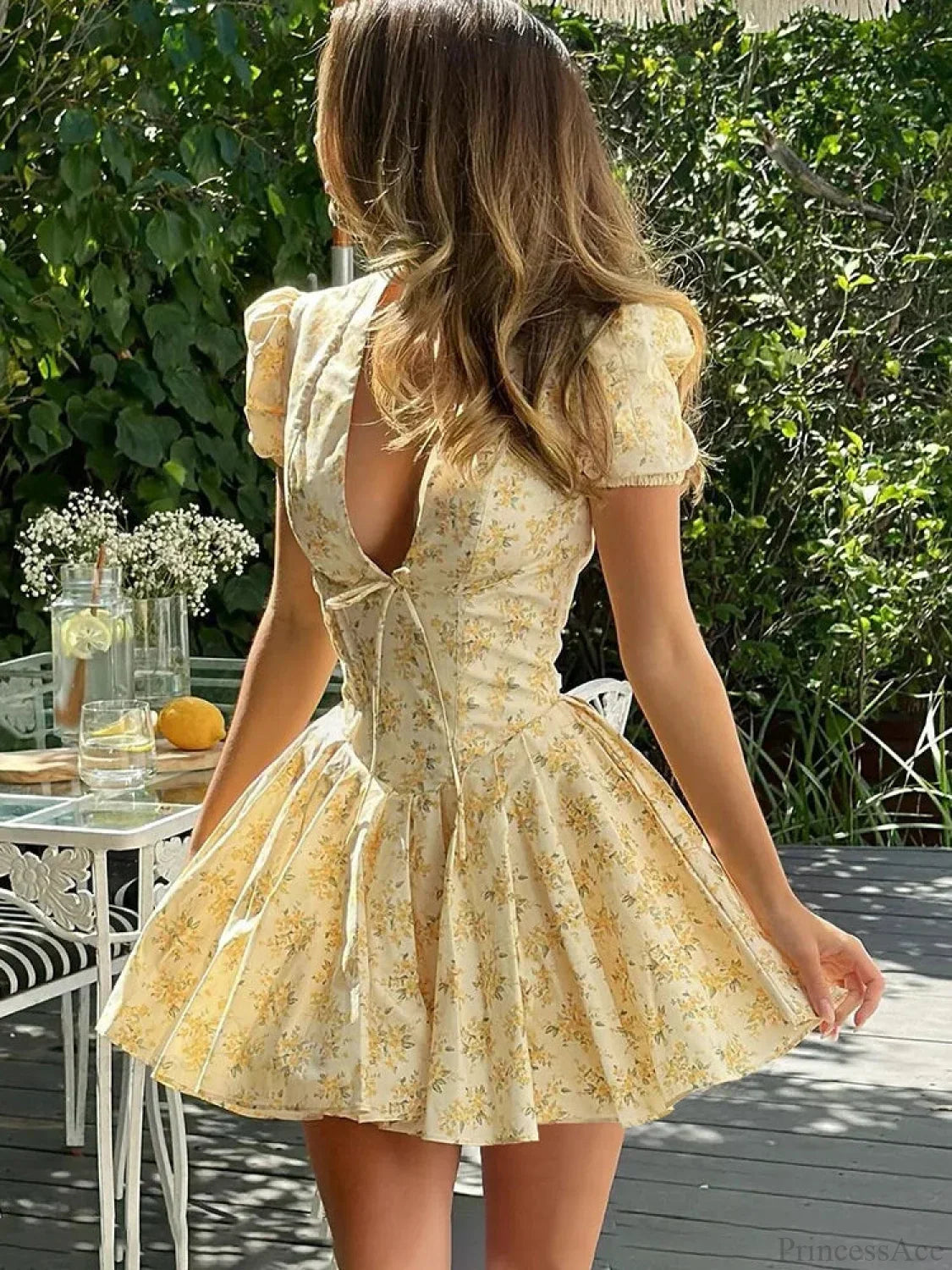 Floral Print Deep V Tie Front Puff Sleeve Fit And Flare Mini Dress 2