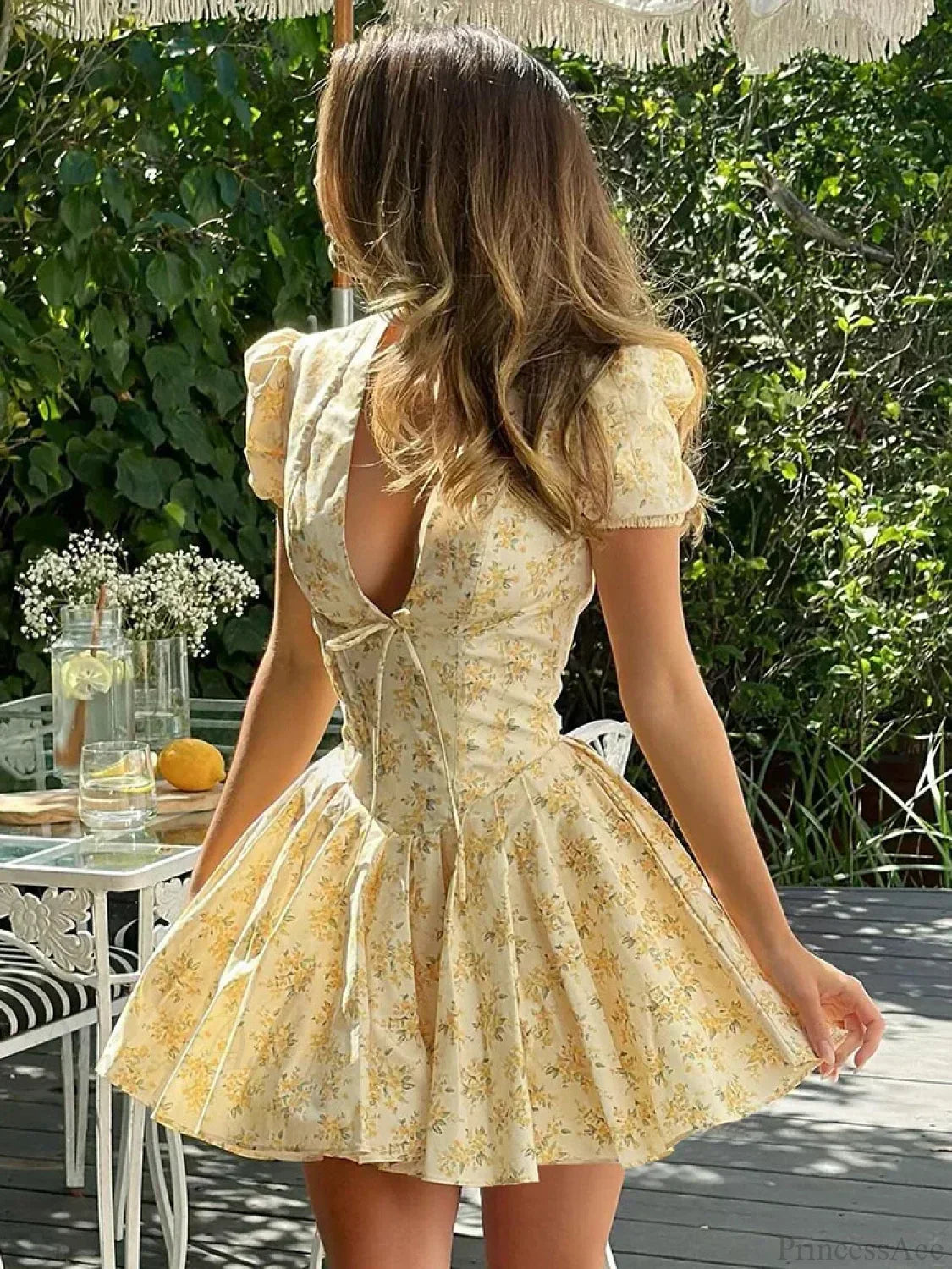 Floral Print Deep V Tie Front Puff Sleeve Fit And Flare Mini Dress 7