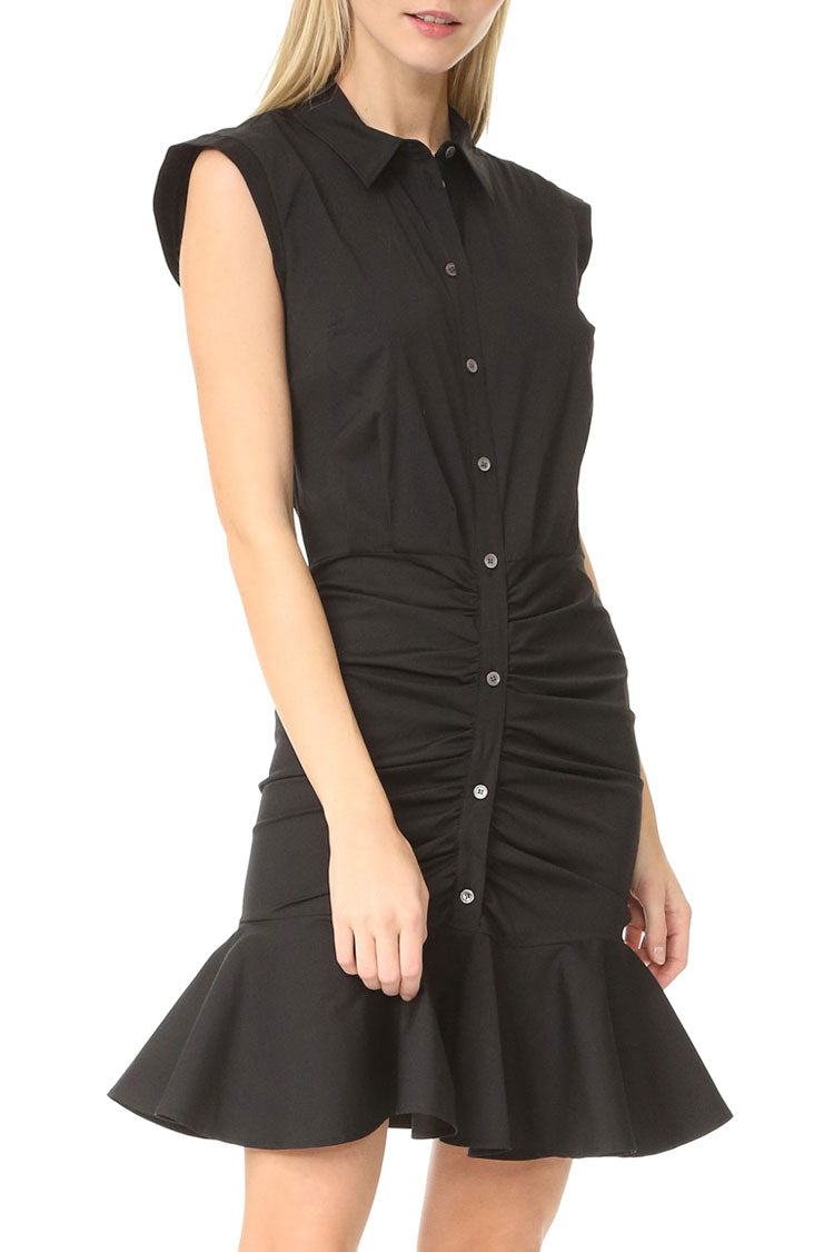 Collared Button Front Ruched Fishtail Ruffle Hem Mini Shirt Dress 2