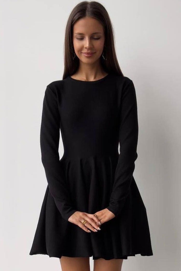 Crew Neck Long Sleeve Rib Knit Fit and Flare Sweater Mini Dress