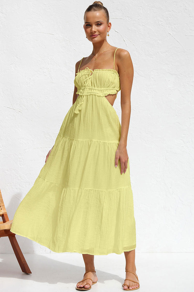 Tie Neck Ruffled Bust Side Cutout Tiered Crinkle Gauze Midi Dress