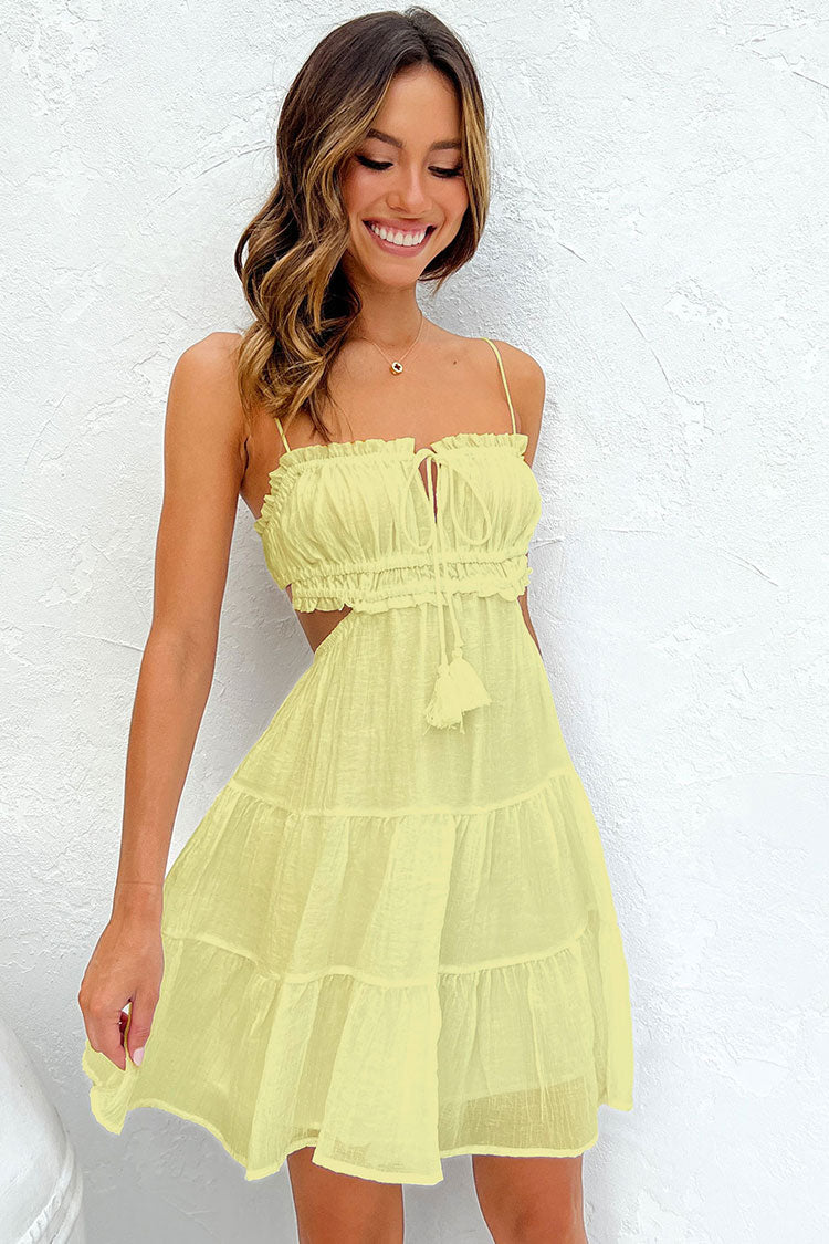 Tie Neck Ruffle Tier Side Cut Out Ruched Tiered Mini Dress