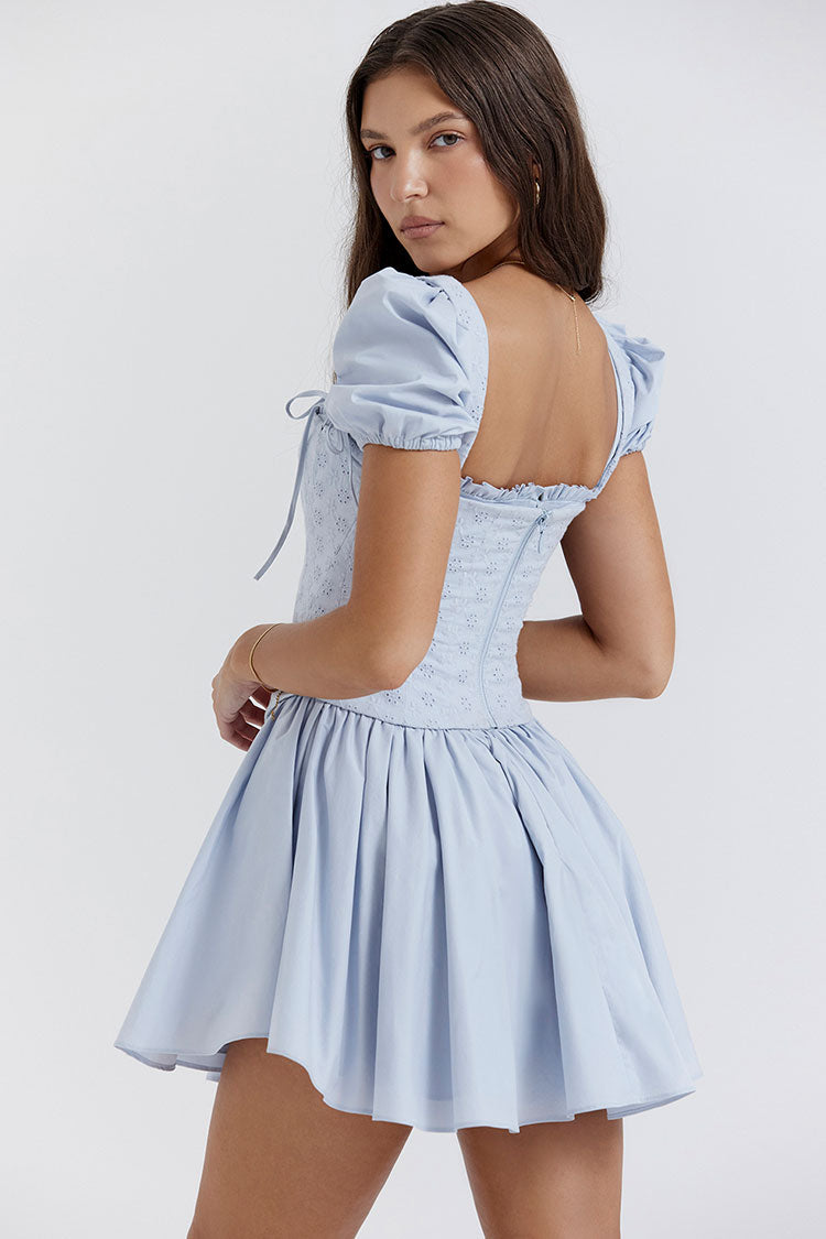 Eyelet Lace-Up Corset Square Neck Puff Sleeve Fit-and-Flare Mini Dress 4
