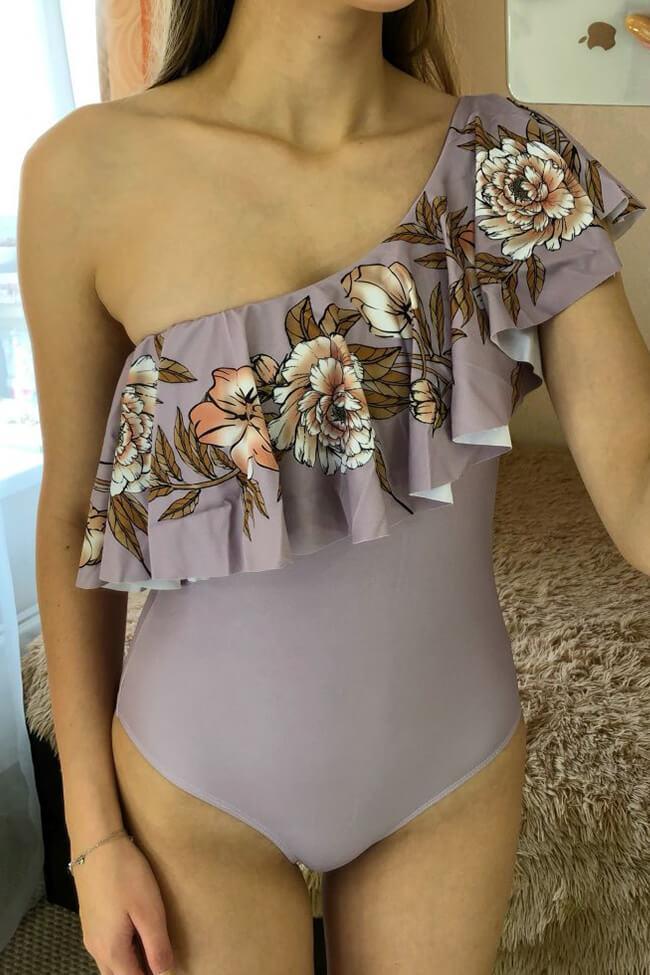 Flutter Ruffle Floral Print One Shoulder One Piece Swimsuit