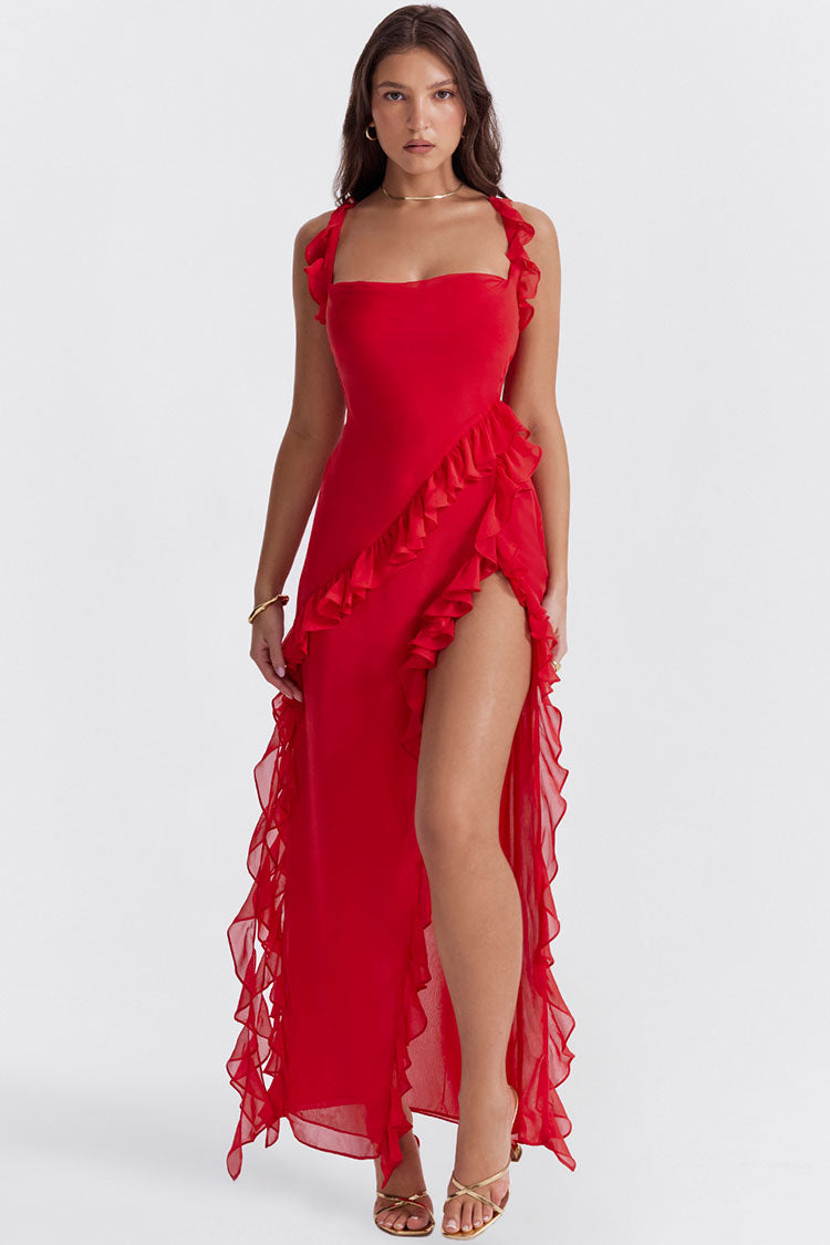 Square Neck Ruffle Strap Diagonal Ruffle High Split Chiffon Maxi Dress