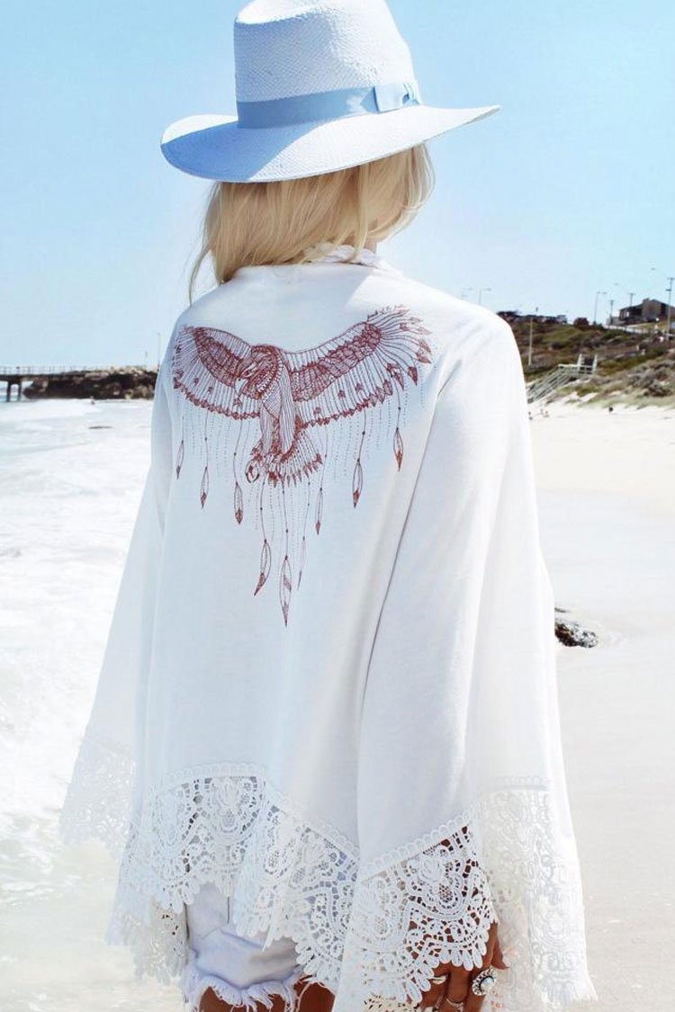 Flying Eagle Batwing Sleeve Floral Crochet Chiffon Cover Up