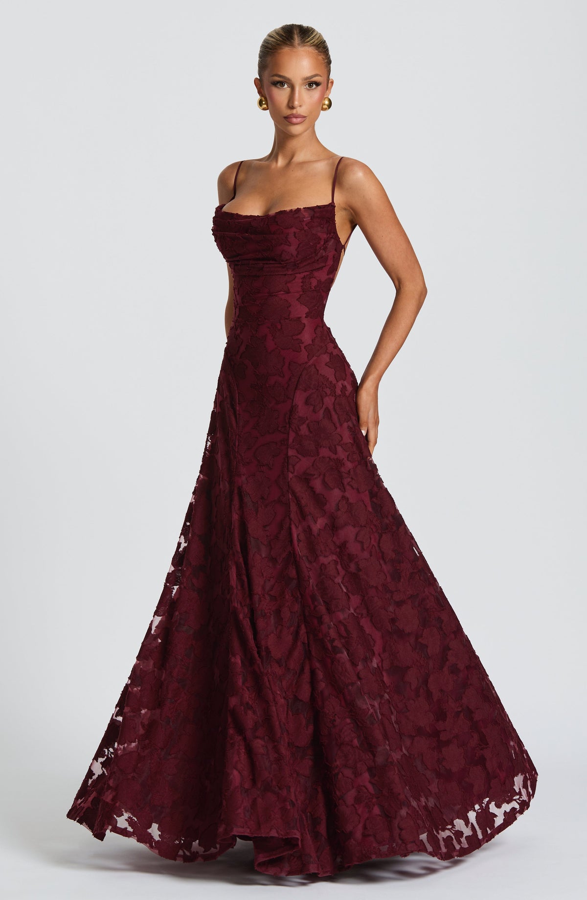 Spaghetti Strap Square Neck Floral Burnout A-Line Floor-Length Gown 2