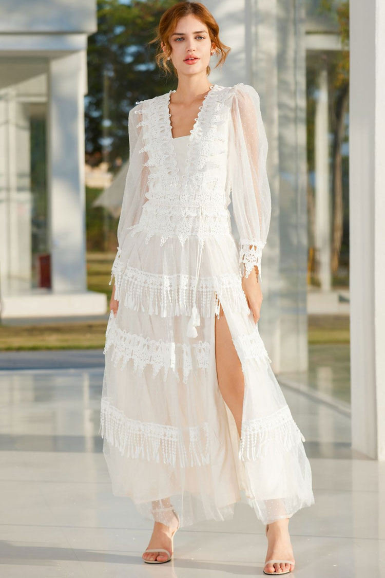 Lace Trim Swiss Dot Puff Sleeve Tiered Fringe Tulle Maxi Dress