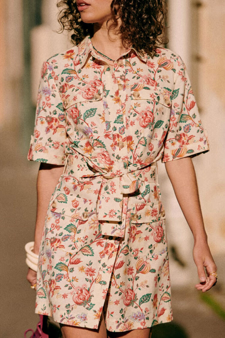 Floral Print Short Sleeve Collar Tie Waist Belted Mini Shirt Dress 2