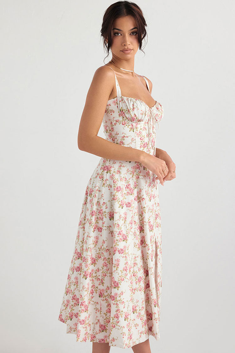 Floral Print Bustier Sweetheart Lace Up Tie Front Thigh Slit Midi Dress 3