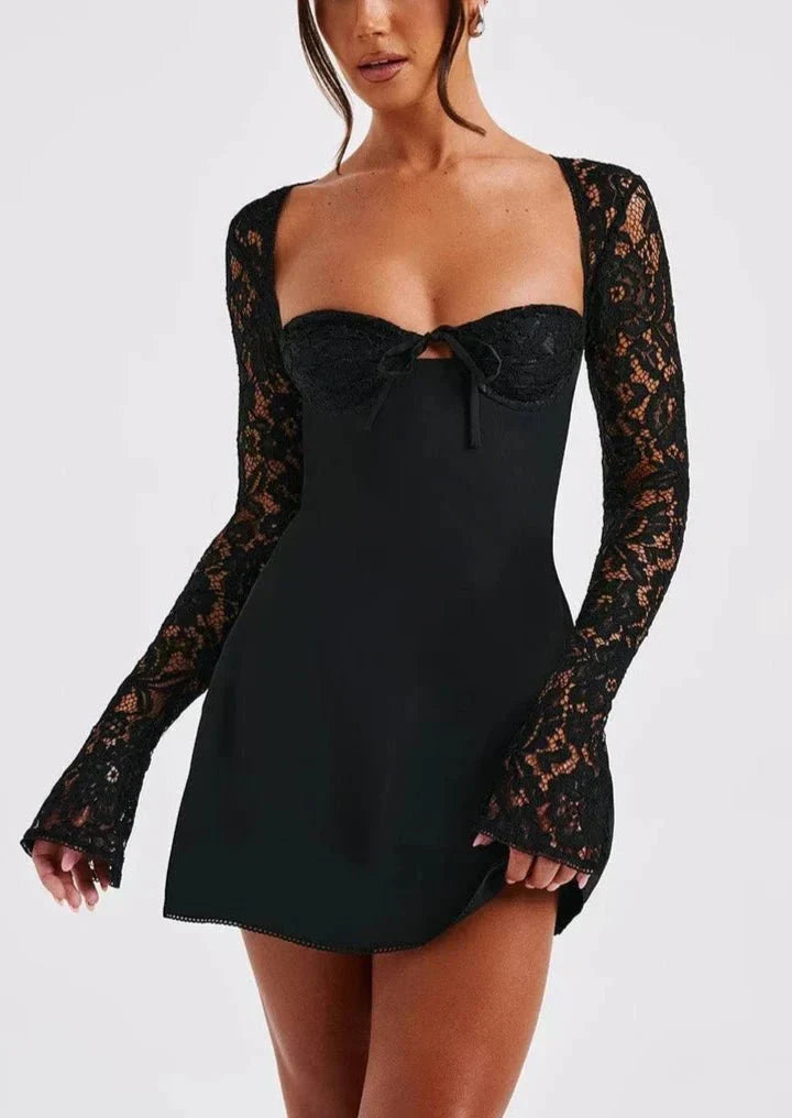 Tie Front Cupped Bustier Floral Lace Bell Sleeve Mini Dress 4