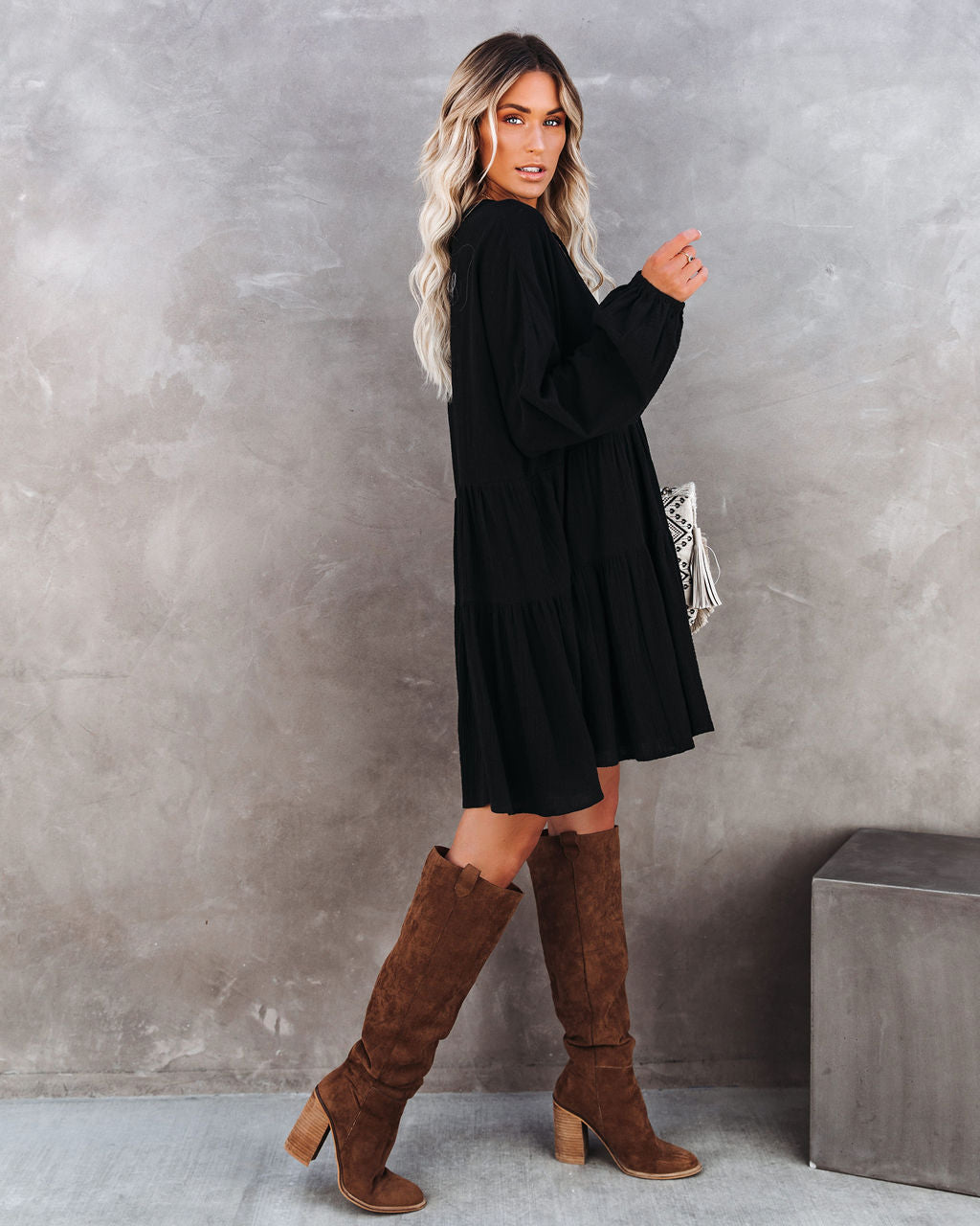 V-Neck Long Sleeve Bishop Cuff Tiered Babydoll Mini Dress 4