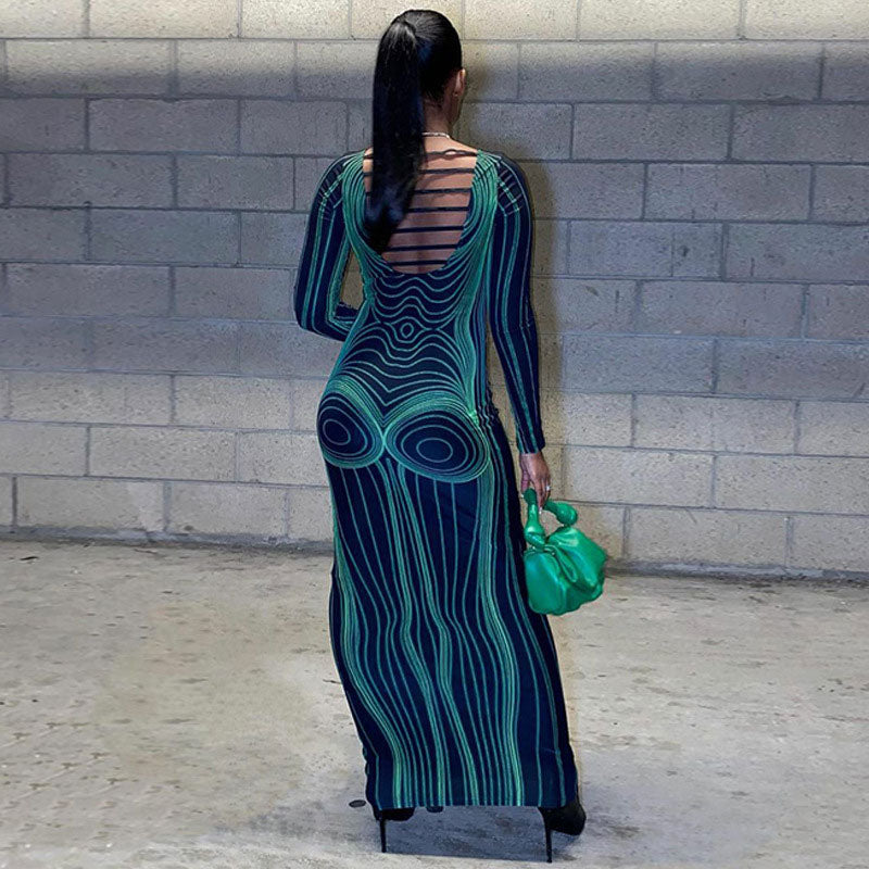 Optical Illusion Body Print Cutout Long Sleeve Maxi Dress 2