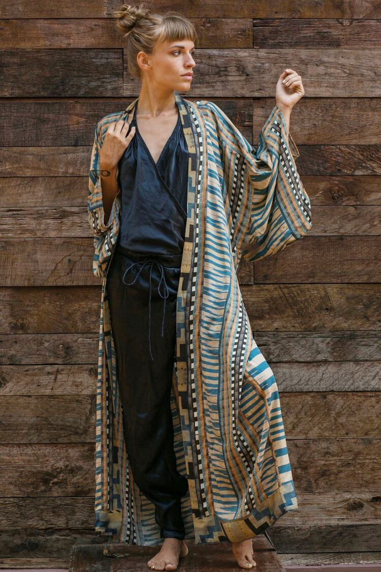Geometric Printed Belted Long Sleeve Kimono Maxi Cover Up