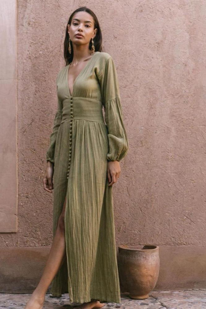 Deep V Neck Button Front Bishop Sleeve High Slit Maxi Dress 3