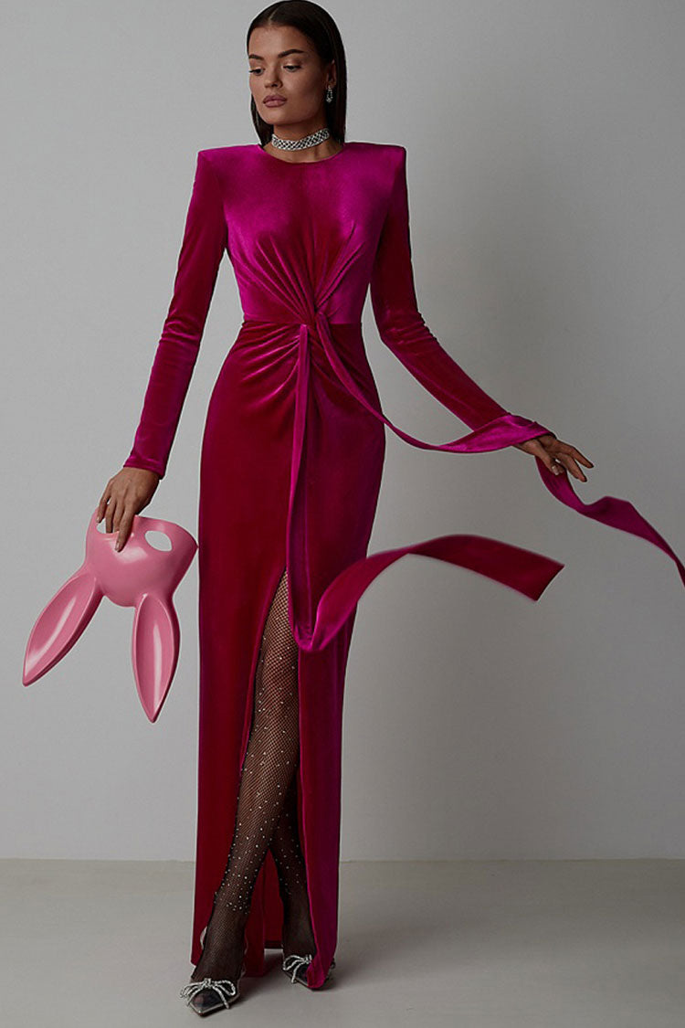 Round Neck Padded Shoulder Velvet Twist Knot Front Slit Maxi Gown