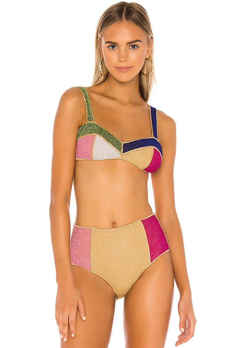 Glitter Color Panel High Waist Bikini Swimsuit - Two Piece Set