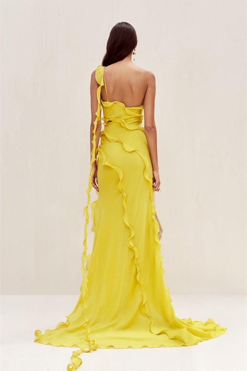 One Shoulder Ruffle Neckline Waist Cutout Cascading Slit Maxi Gown 4