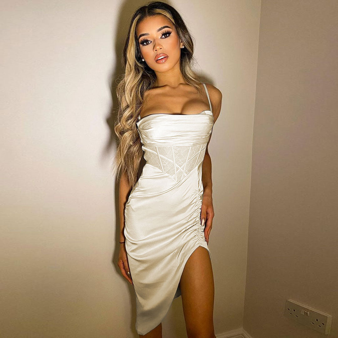 Satin Corset Lace Panel Ruched Spaghetti Strap Thigh Slit Midi Dress