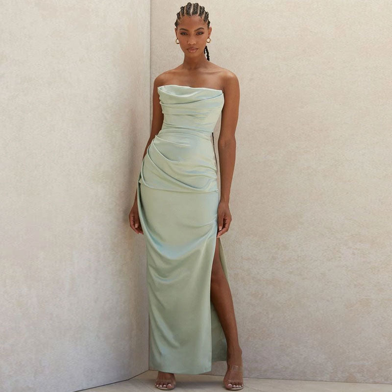 Cowl Neck Strapless Draped Ruched High Slit Maxi Gown