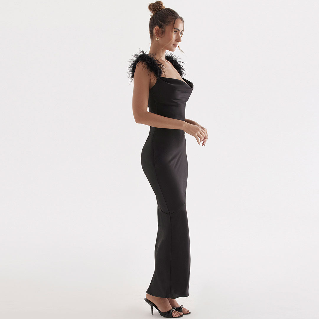 Feather Trim Shoulder Cowl Neck Spaghetti Strap Maxi Gown 2