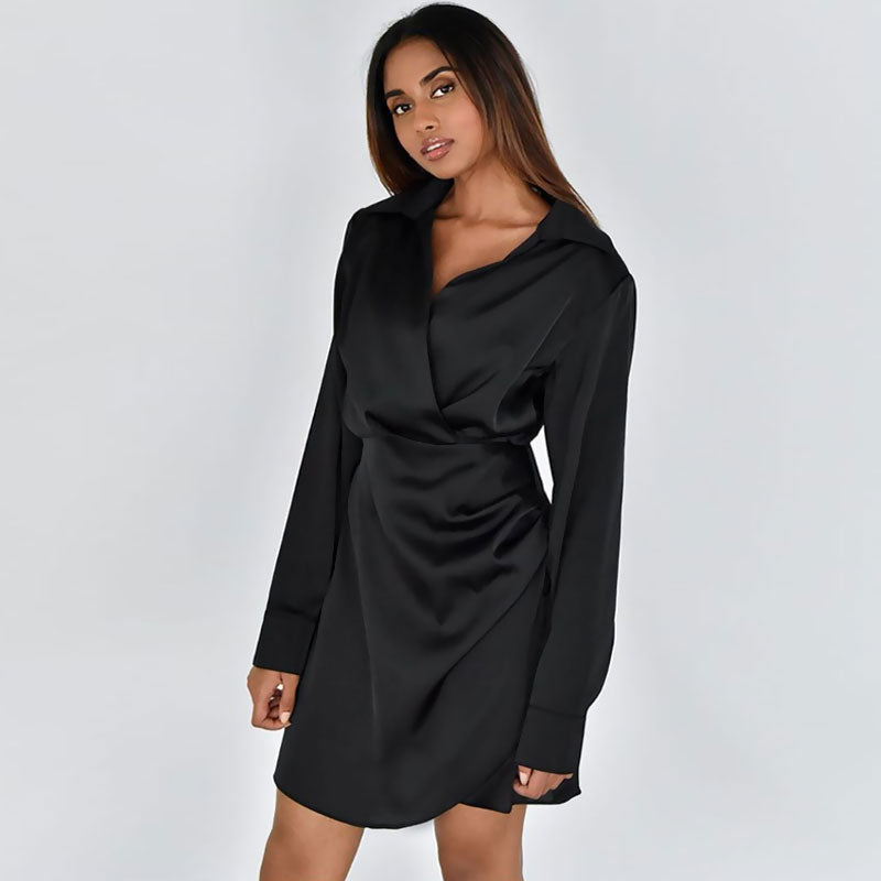 Satin Spread Collar V Neck Long Sleeve Ruched Wrap Shirt Mini Dress