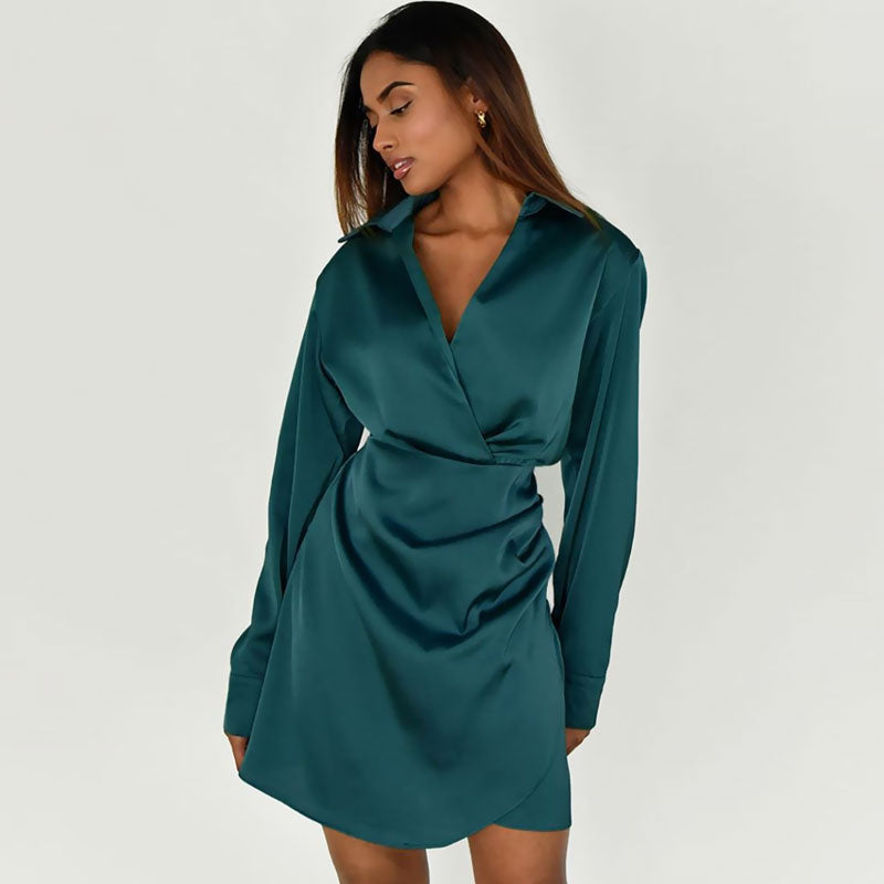 Satin Spread Collar V Neck Long Sleeve Ruched Wrap Shirt Mini Dress