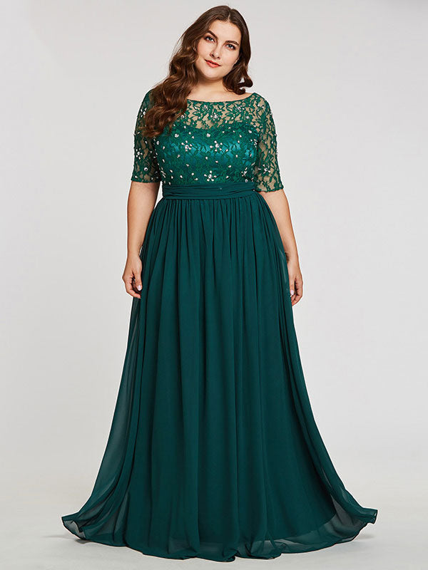 Gorgeous Evening Dress  A Line Jewel Neck Floor Length Half Sleeves Zipper Lace Chiffon Formal Dinner Dresses