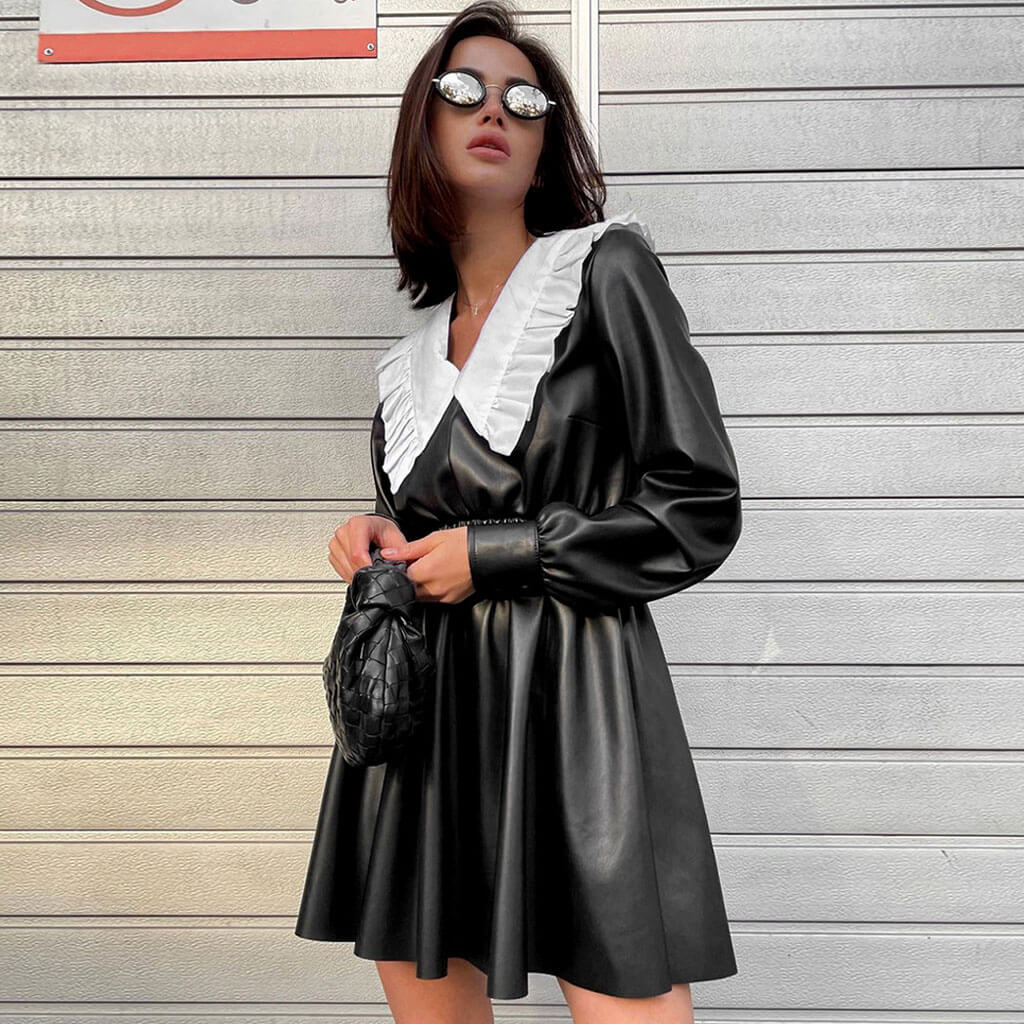 Faux Leather Peter Pan Collar Bishop Sleeve Smocked Waist Skater Mini Dress 2