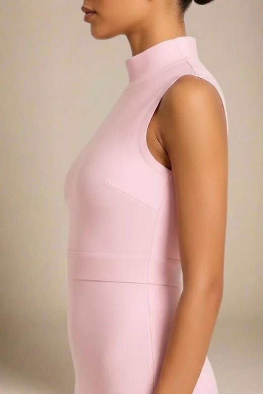 Dusty Pink Mock Neck Sleeveless Waist Seam Bodycon Midi Dress 4