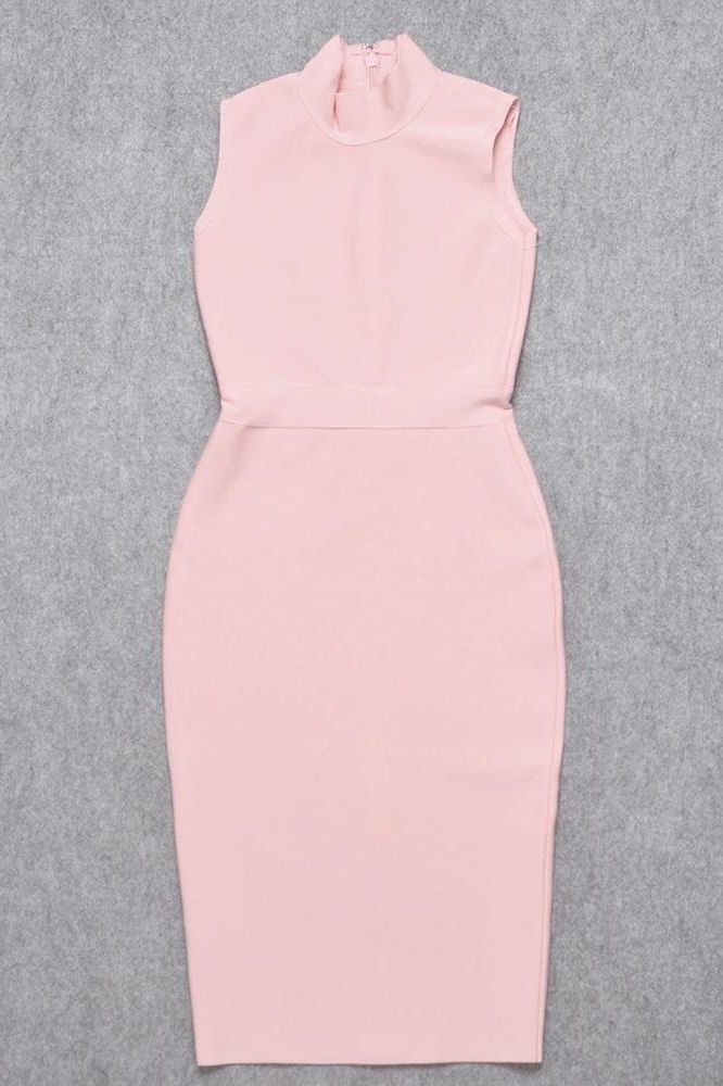 Dusty Pink Mock Neck Sleeveless Waist Seam Bodycon Midi Dress 13