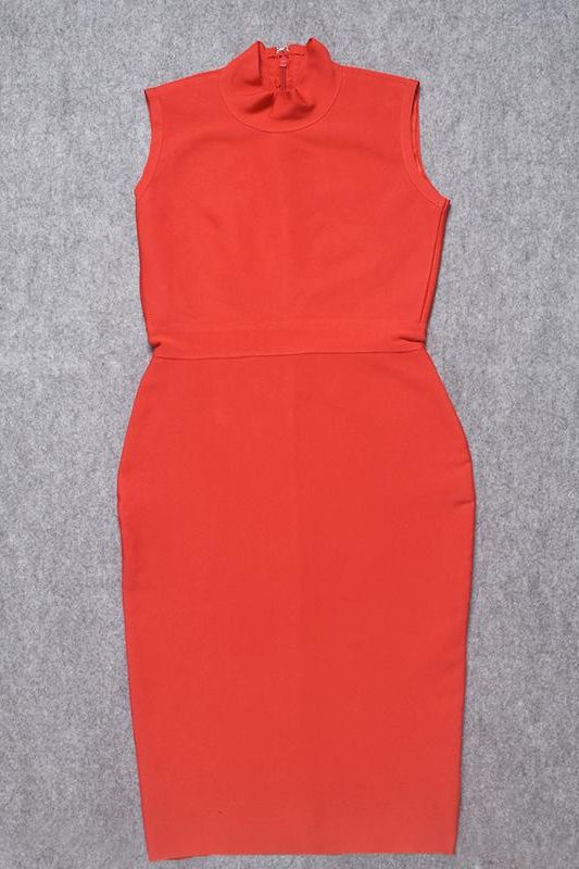 Lipstick Red Mock Neck Sleeveless Waist Seam Bodycon Midi Dress 13
