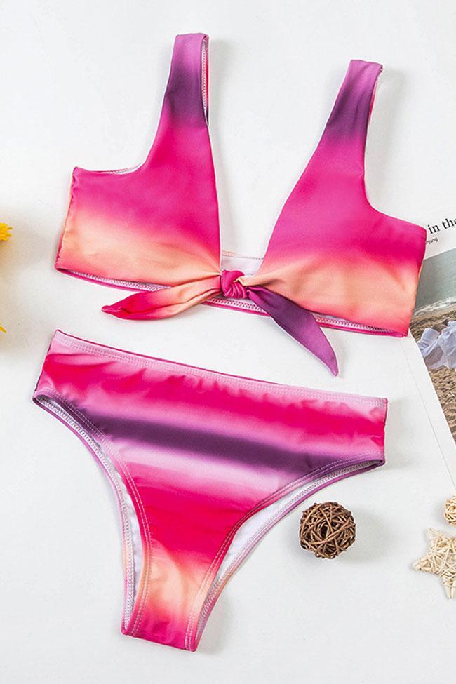 Gradient Color Knotted Front Bralette Bikini Swimsuit - Two Piece Set