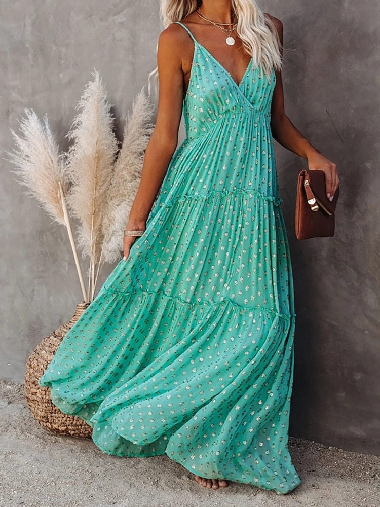 V Neck Spaghetti Strap Metallic Dot Tiered Maxi Dress 3