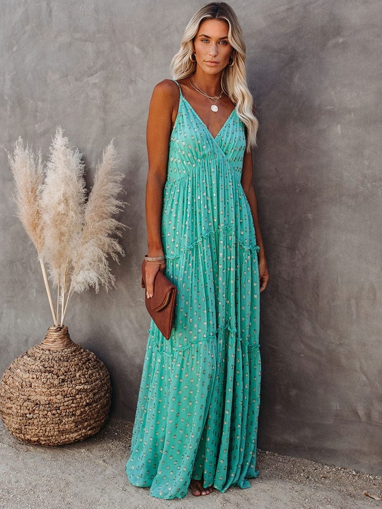 V Neck Spaghetti Strap Metallic Dot Tiered Maxi Dress 4