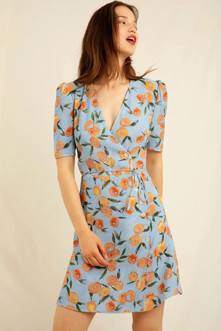 Print Wrap Puff Sleeve Tie Waist Mini Dress 2