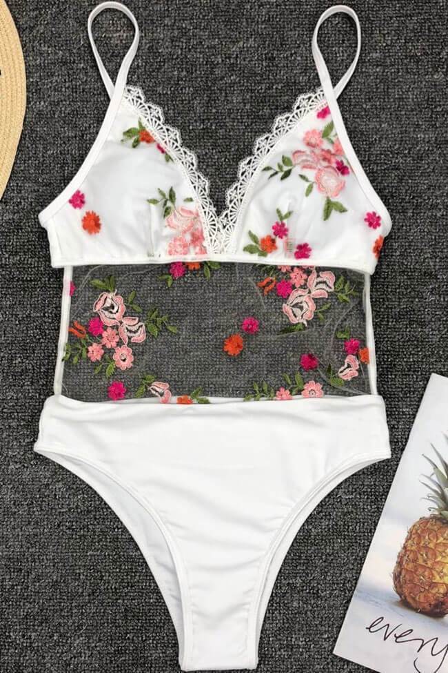 High Leg Low Back Floral Embroidery Splicing Mesh One Piece Swimsuit