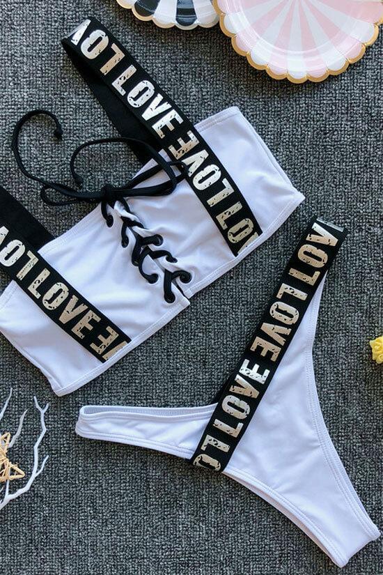 High Leg Metallic Letter Strap Lace Up Bikini Swimsuit - Two Piece Set