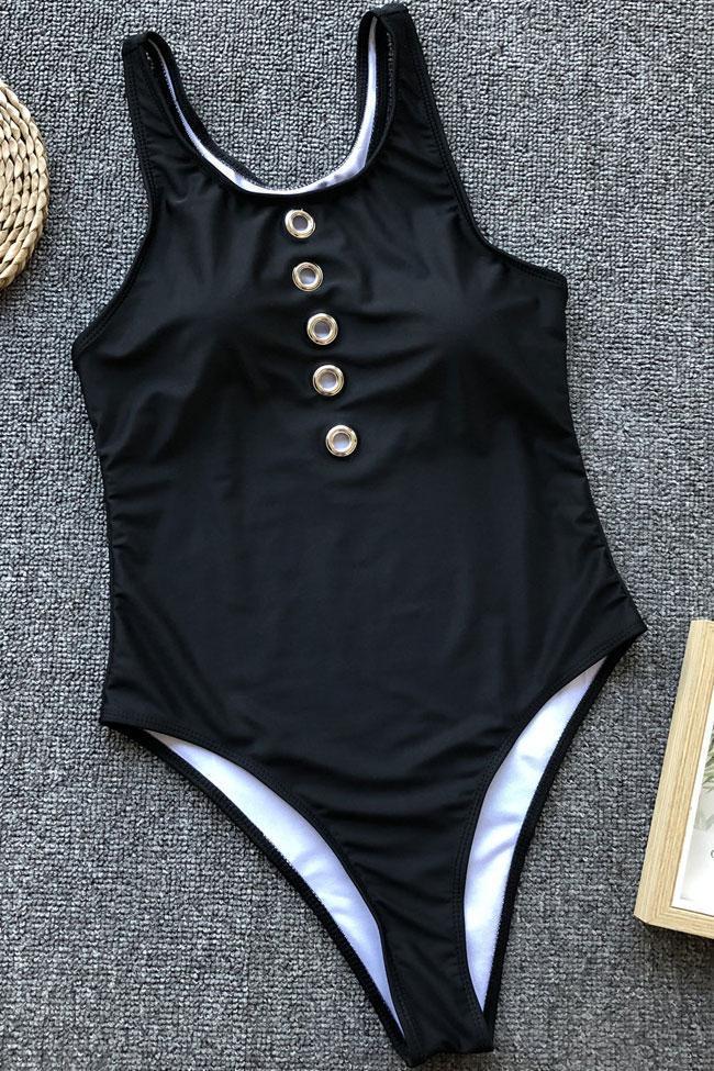 High Leg Racerback Metal Ring Front High Neck One Piece Swimsuit