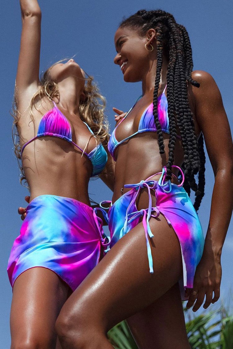 High Leg Rainbow Tie Dye Sliding Triangle Bikini Swimsuit - Three Piece Set