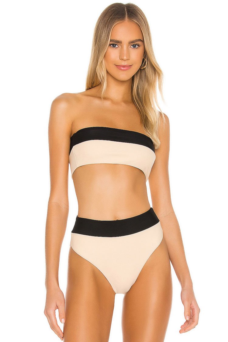 High Waist Color Block Bandeau Bikini Swimsuit - Two Piece Set
