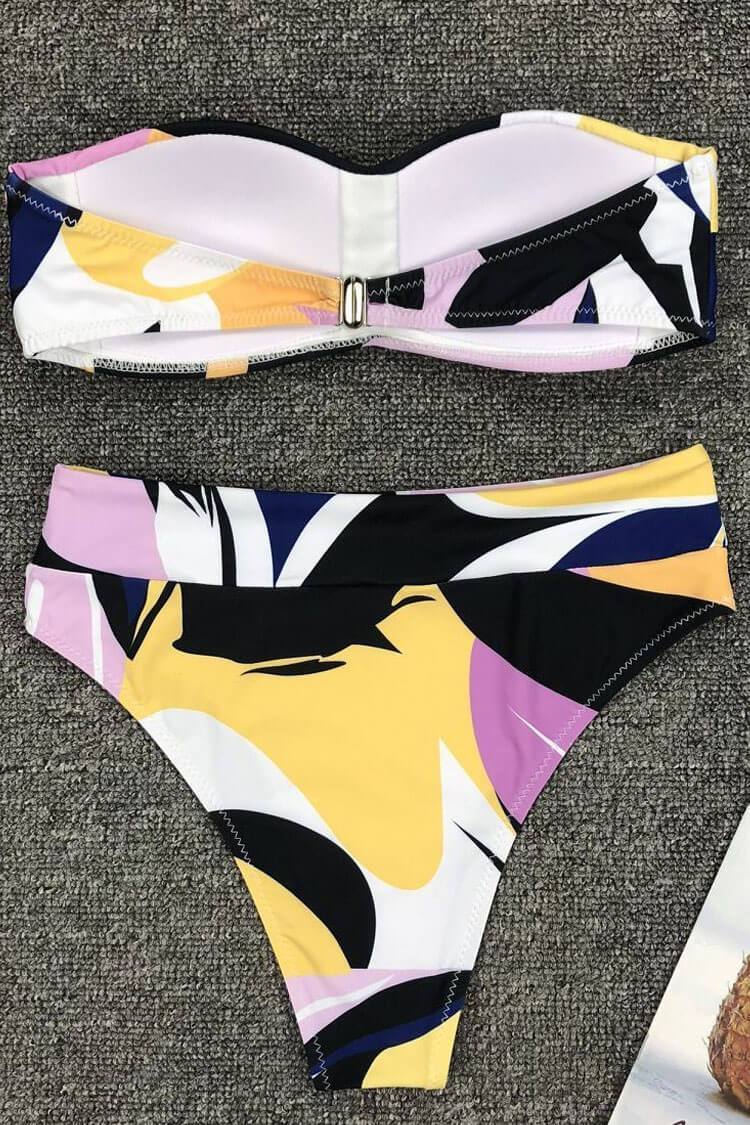 High Waisted High Leg Geometric Bandeau Bikini Swimsuit - Two Piece Set