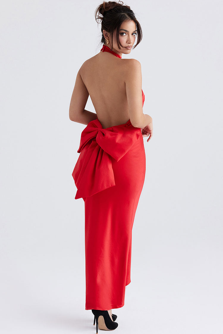 Satin Halter Backless Oversized Bow Tie Maxi Gown